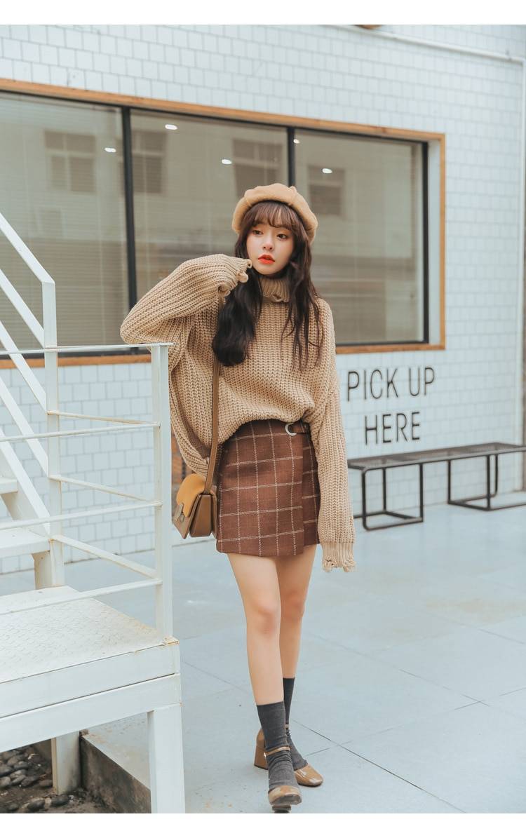 Woolen Vintage Plaid Skirt Apparel Color : Blue|Brown Woolen Vintage Plaid Skirt Apparel Color : Blue|Brown