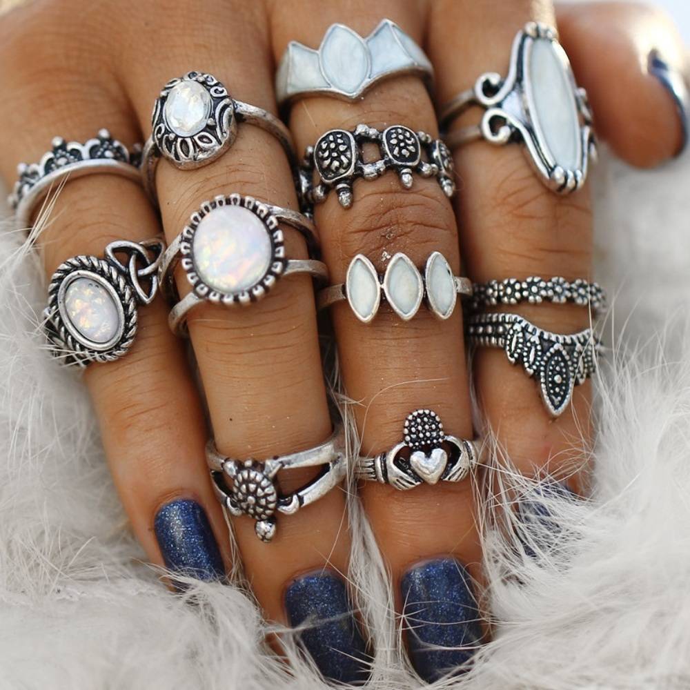 Fashion Boho Silver Plated Women's Rings Set Quantity : 12 Pcs Fashion Boho Silver Plated Women's Rings Set Quantity : 12 Pcs